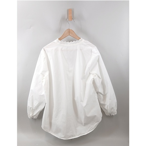 Old Navy Blouse Button Up Tunic Women XL White Eyelet Lace Trim Balloon Sleeve - Picture 2 of 5